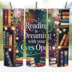 Bookish Tumbler Wrap Design, Reading is Dreaming Sublimation PNG, Row of Books Skinny Tumbler, Digital Download Tumbler Wrap Template