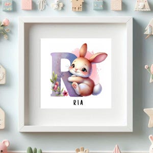 Lámina infantil - Letra R, conejo, personalizada, géneros, niño, niña, género neutro, baby shower, niños, dormitorio