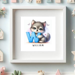 Lámina infantil - Letra W, lobo, personalizada, géneros, niño, niña, género neutro, baby shower, niños, dormitorio