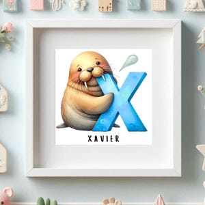 Lámina infantil - Letra X, morsa, personalizada, géneros, niño, niña, género neutro, baby shower, niños, dormitorio