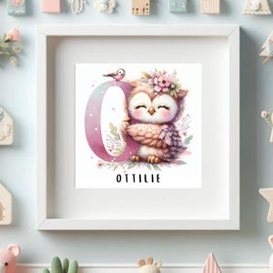 Lámina infantil - Letra O, búho, personalizada, géneros, niño, niña, género neutro, baby shower, niños, dormitorio