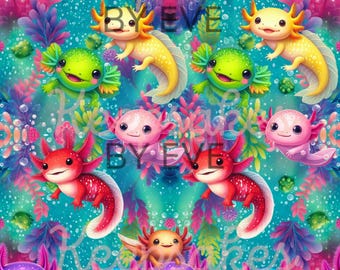 Niedliches Axolotl-Nahtlosmuster, Kawaii-Salamander-Digitalpapier, farbenfroher Unterwasser-Kinderzimmerdruck, Sublimations-PDF, Stoffdesign