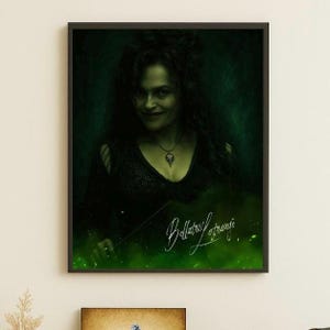 May include: A framed portrait of a woman with dark hair and a slight smile, wearing a dark green dress and a pendant necklace. The image has a green and black color scheme, with the name "Bellatrix Lestrange" in cursive script.