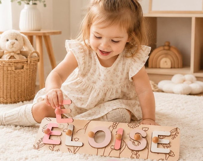 Personalized Wooden Name Puzzle, Custom Floral Name Puzzle, Montessori Toy for Toddlers, Baby Girl Gift, Nursery Decor