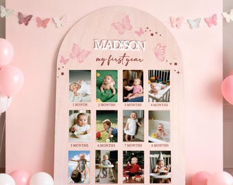 Tablero de fotos de mariposa para el primer cumpleaños, exhibición mensual de hitos de cumpleaños de 1 año, decoración de fiesta de jardín encantado, letrero de cumpleaños para niña