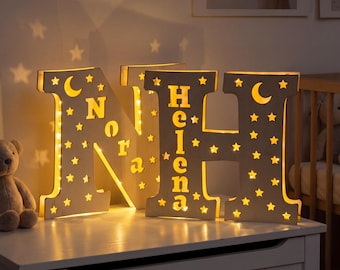 Custom Wooden Letter Night Light, Personalized Baby Name Lamp, Dimmable Star Moon Monogram Sign, Nursery Decor, Baby Shower Gift