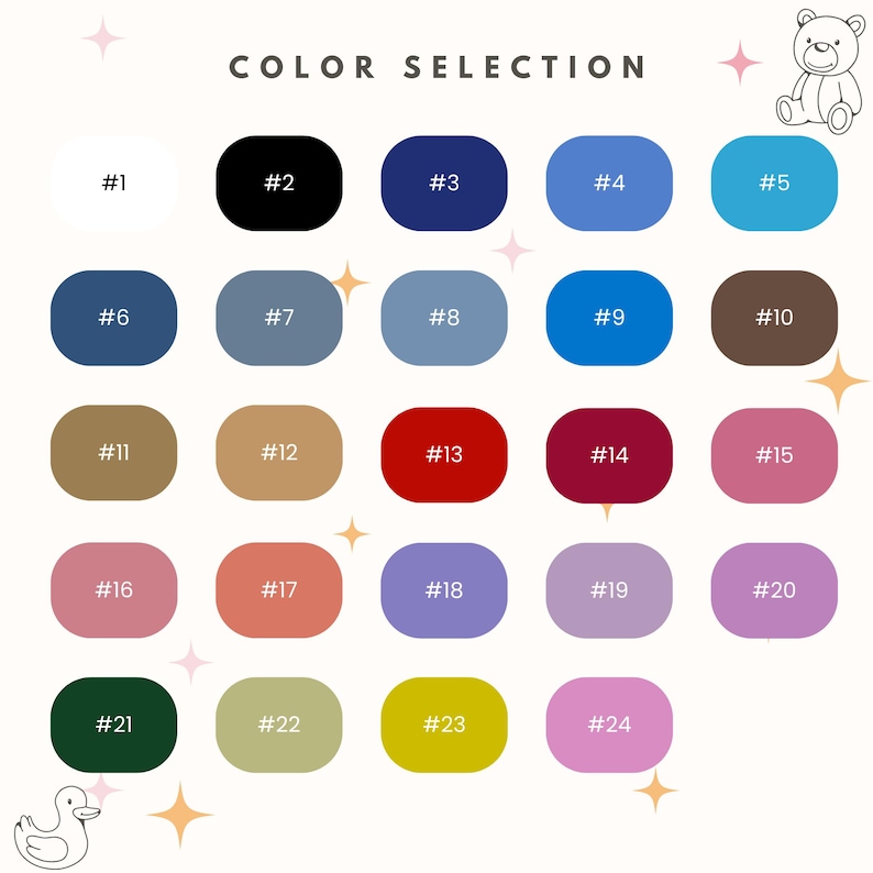 May include: A color selection chart with 24 color swatches, each in a rounded rectangle. The colors range from white to black, blues, greens, reds, and purples. The text "COLOR SELECTION" is at the top, with numbers identifying each color.