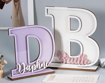 Personalized Engraved Wooden Letter Piggy Bank, Custom Name Initial Coin Box Cute Nursery Decor Perfect Birthday Children's Day Gift