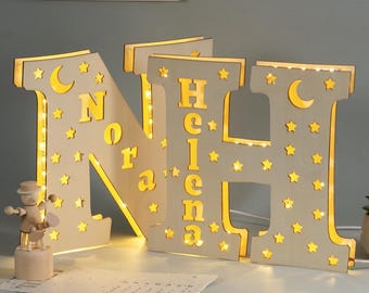 Personalized Engraved Wooden Night Light Custom Name Initial Warm Glow LED Nursery Lamp Kids Bedroom Bedside Decor Baby Shower Birthday Gift