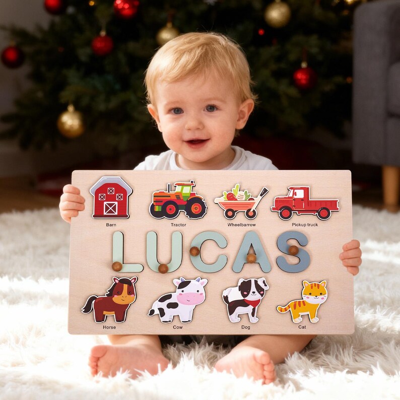 Personalized Name Puzzle With Pegs, Custom Farm Animal Wooden Toy ...