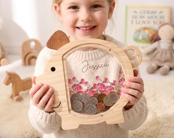 Custom Botanical Piggy Bank, Engraved Wood Money Box, Acrylic Animal Coin Jar, Toddler Girl Nursery Decor, Granddaughter Xmas Gift