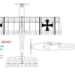 May include: Line drawing of a model airplane, the Mini Stick Evo RC ParkFlyer, with a wingspan of 650 mm and a length of 508 mm. The design includes a black cross on the wings and tail. Text on the image reads "LASER CUT READY".