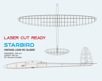Planeador RC StarBird / Plano DXF vintage de madera de balsa cortado a láser (descarga digital)