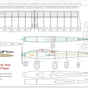 May include: Detailed blueprint of a Mini Stick Evo RC ParkFlyer, featuring wingspan and length measurements. The diagram includes various views of the aircraft, with labeled components and specifications for RC function, engine, battery, and propeller.