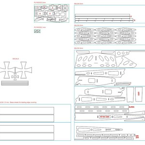 May include: A detailed diagram of laser-cut wooden parts for a model airplane. The image includes various shapes and sizes, labeled with text such as "PLYWOOD 2mm", "BALSA 5mm", and "DECALS". The parts are arranged in rectangular boxes.