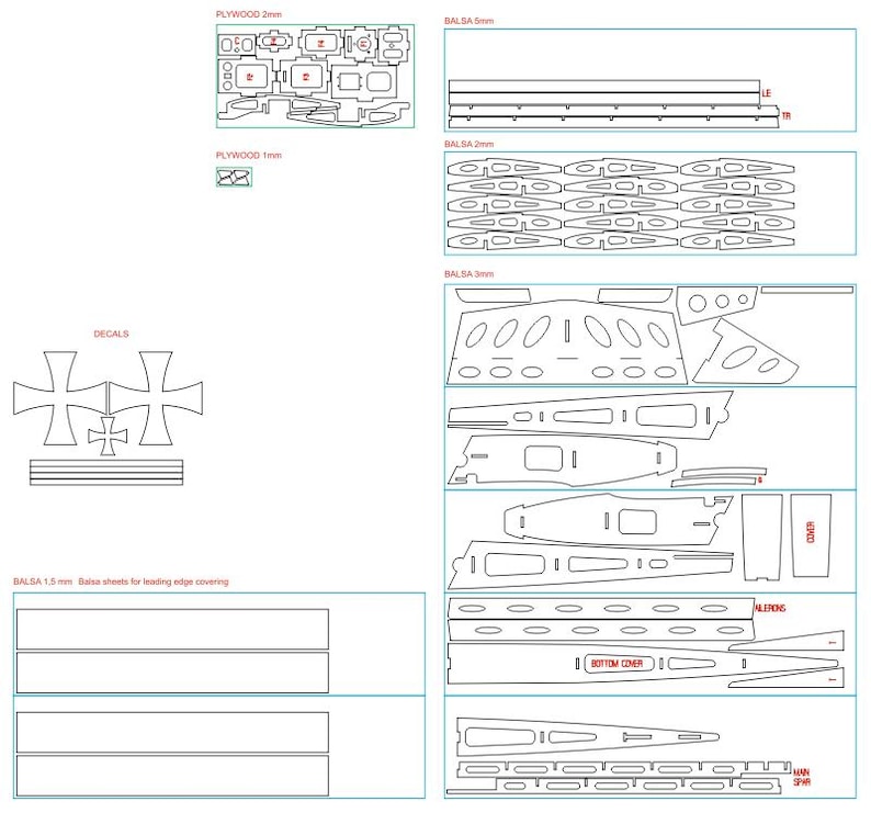May include: A detailed diagram of laser-cut wooden parts for a model airplane. The image includes various shapes and sizes, labeled with text such as "PLYWOOD 2mm", "BALSA 5mm", and "DECALS". The parts are arranged in rectangular boxes.
