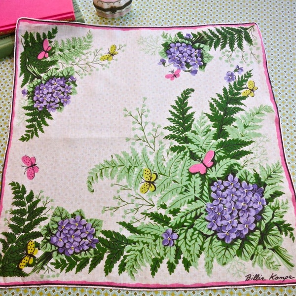 Vintage Billie Kompa Linen Floral Butterfly Handkerchief with Hydrangeas and Ferns