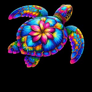 May include: A vibrant, colorful illustration of a sea turtle against a black background. The turtle's shell features a flower design with shades of blue, pink, yellow, and green. The turtle's flippers and head are also adorned with bright colors.