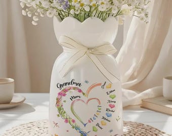 Personalized Grandma Heart Vase with Names, Custom Mother's Day Gift, First Mom Now Grandma, Floral Heart Ribbon Tie Flower Vase for Grandma