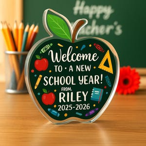 Letrero acrílico personalizado de regreso a clases con diseño de manzana, placa de regalo personalizada para profesores, decoración de aula de bienvenida para estudiantes, año escolar 2025-2026