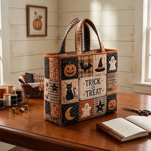 May include: A quilted tote bag featuring a patchwork design with Halloween motifs including pumpkins, a black cat, ghosts, bats, stars, and a crescent moon. The center panel displays the text TRICK OR TREAT in black lettering on a cream background.