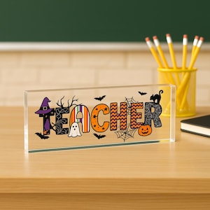 Gepersonaliseerde Halloween-docent acrylplaat met spookpompoen en vleermuis ontwerp Aangepast bureaudecorcadeau voor klaslokaal Kantoor herfstweergave