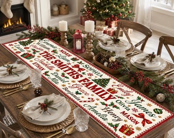 Camino de mesa navideño personalizado, decoración navideña con nombre familiar personalizado, mantel de cena navideña, detalle festivo para el hogar, regalo 2026