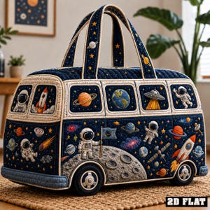 Könnte beinhalten: Eine gesteppte, busförmige Tragetasche in Marineblau mit gestickten Weltraummotiven wie Astronauten, Planeten, Raketen und einer Mondlandung. Die Tasche hat zwei Tragegriffe und eine helle Umrandung, die Fenster und Karosserie betont.