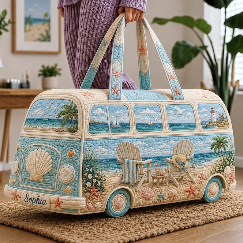 Bolso de fin de semana acolchado, regalo 2026, bolsa de viaje Coastal Camper, bolso de playa Beach Van Carryall, bolso con estampado oceánico, bolso de vacaciones de verano, regalo playero imagen 1
