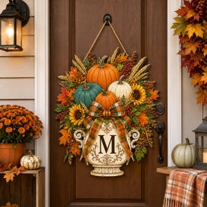 Personalized Fall Pumpkin Door Hanger, Custom Initial Monogram Wreath, Autumn Harvest Porch Decor, Thanksgiving Home Accent, Sign, Gift 2026
