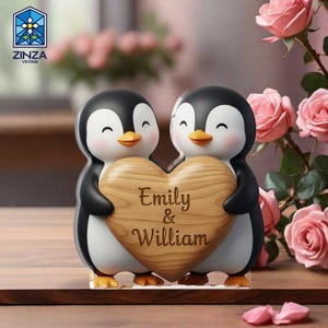 Personalized Penguin Couple Acrylic Block, Custom Name Heart Keepsake, Anniversary Wedding Gift, Valentines Day Desk Decor, Cute Love Sign
