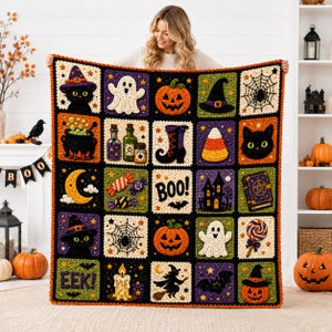 Könnte beinhalten: Eine quadratische Häkeldecke mit einem Raster aus Halloween-Motiven, darunter Kürbisse, Geister, schwarze Katzen, Hexenhüte, ein Kessel, Süßigkeiten, ein Spinnennetz sowie die Schriftzüge BOO! und EEK! in Orange, Lila, Grün, Schwarz und Weiß.