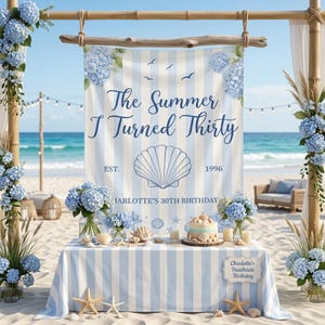 Strandtapijt, nautisch decor, 30e banner, hangend aan de kust, hortensia, zomerfeest, cadeau 2026, The Summer I Turned dertig, achtergrond