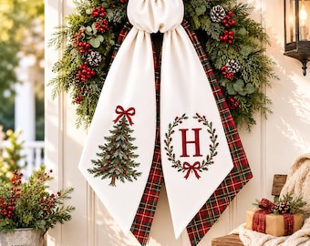 Personalized Christmas Wreath Sash, Custom Monogram Door Bow, Embroidered Holiday Front Door Decor, Farmhouse Porch Accent, GIFT 2026