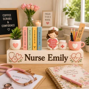 Könnte beinhalten: Ein weißer Schreibtisch-Organizer aus Holz mit der Aufschrift Nurse Emily, verziert mit einem Stethoskop und Herzmotiv. Er enthält vier kleine Bücher mit den Titeln Compassion, Dedication, Strength, Healing, eine Krankenschwesterfigur und einen rosa Becher.