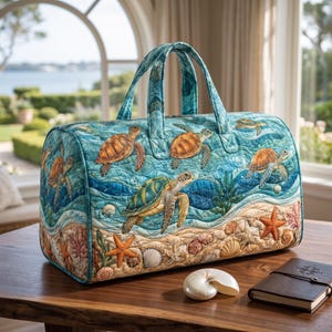 Può includere: Una borsa da viaggio trapuntata con una vivace scena oceanica che mostra diverse tartarughe marine che nuotano in acqua blu sopra un fondale sabbioso decorato con stelle marine arancioni, varie conchiglie e alghe verdi.