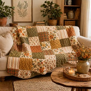 May include: A patchwork quilt featuring a variety of square fabric blocks in shades of olive green, mustard yellow, and burnt orange. The design includes floral patterns, solid textures, and striped motifs, all stitched together in a grid pattern.