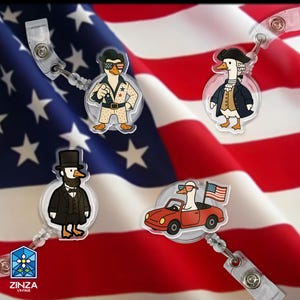 Porte-badge en acrylique drôle de canard patriotique porte-carte d'identité en acrylique Président des États-Unis, cadeau à thème Elvis de voiture pour collègue infirmière enseignante lui son accessoire de travail du 4 juillet
