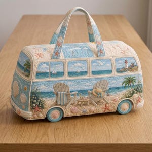 Puede incluir: Un bolso de tela acolchada con forma de furgoneta vintage, que muestra una escena de playa con dos sillas, un faro, palmeras y conchas. El dise&ntilde;o en azul claro y crema incluye dos asas superiores y el nombre Sophia bordado al frente.