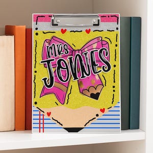 Personalized Glitter Name Acrylic Clipboard Customized Teacher Clipboard Back to School Office Supplies Unique Bow Pencil Design Gift Clip