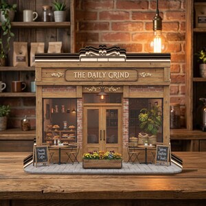 以下が含まれることがあります： 「The Daily Grind」の看板が付いた、ミニチュアの木製コーヒーショップモデル。レンガ造りのファサード、ガラス窓、小さなテーブルと椅子が特徴です。「Freshly Ground Coffee」と書かれた黒板があります。