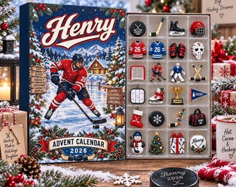 Calendário do Advento de Hóquei Personalizado, Nome e Número do Jogador, Contagem Regressiva para o Natal, Lembrança para Fãs de Hóquei, Decoração Esportiva de Natal, Presente para 2026