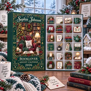Personlig adventskalender för bokälskare, julgransprydnaderset, 24-dagars nedräkning till läsning, mysig biblioteksdekor, present 2026 för bokmalar