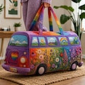 Personalized Hippie Camper Van Travel Bag, Custom Quilted Duffel Bag, Rainbow Floral Weekender, Boho Road Trip Carry, LGBTQ Pride Gift 2026