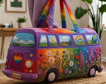 Personalized Hippie Camper Van Travel Bag, Custom Quilted Duffel Bag, Rainbow Floral Weekender, Boho Road Trip Carry, LGBTQ Pride Gift 2026