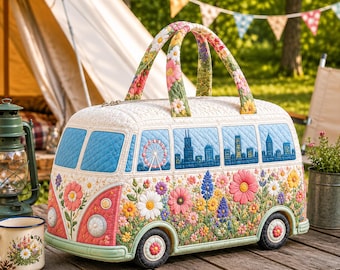 Personalized Floral Camper Travel Bag, Quilted Weekend Bag, Vintage Van Overnight Duffel, Custom Luggage Gift, GIFT 2026
