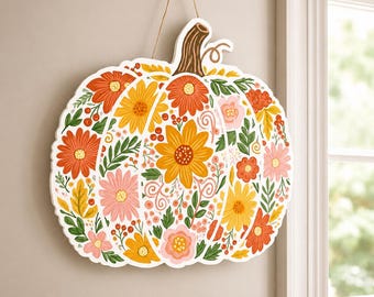 Letrero de calabaza de madera personalizado, colgador de puerta floral de otoño personalizado, nombre de familia personalizado, decoración de porche de otoño, letrero de bienvenida rústico pintado a mano