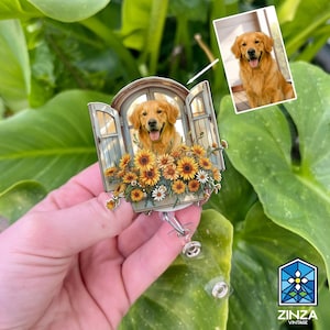 Bobine personnalisée pour badge pour animal de compagnie, porte-badge holographique acrylique personnalisé, cadeau pour amoureux des chiens, décoration florale pour fenêtre, badge de bureau et de travail