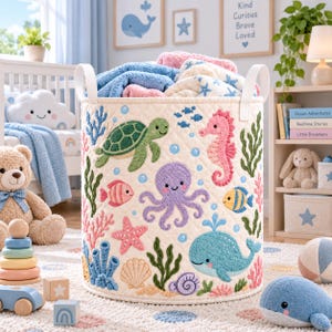 Könnte beinhalten: Ein zylindrischer, cremefarbener Aufbewahrungskorb aus gestepptem Stoff mit Stickereien von Meeresbewohnern, darunter eine grüne Schildkröte, ein rosa Seepferdchen, ein violetter Oktopus, ein blauer Wal sowie Korallen, Muscheln und Fische.