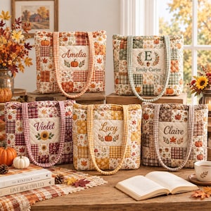 Personalized Fall Patchwork Tote, Pumpkin Floral Quilted Bag, Autumn Market Carryall, Custom Name Gift 2026, Cozy Harvest Shopping Bag, Gift